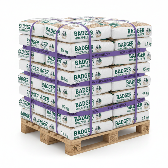 Badger Holzpellets 975kg Palette – 65 Säcke à 15kg Premium Brennstoff 6mm